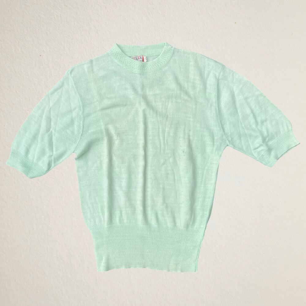 Vintage 1950s mint green nylon vicara short sleeve sweater, retro